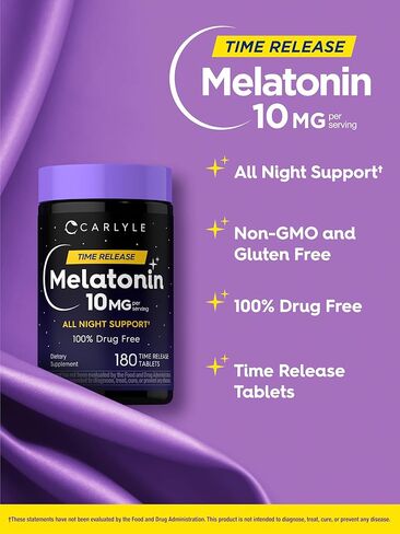 Carlyle Melatonin 10mg | 180 Time Release Tablets | All Night Support | with Vitamin B6 | 100% Drug Free Supplement | Vegan, Non-GMO, Gluten Free in Kuwait