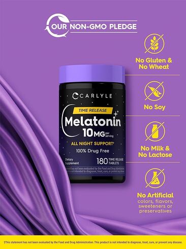 Carlyle Melatonin 10mg | 180 Time Release Tablets | All Night Support | with Vitamin B6 | 100% Drug Free Supplement | Vegan, Non-GMO, Gluten Free in Kuwait