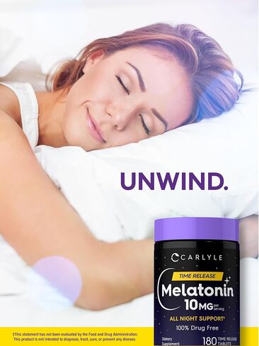 Carlyle Melatonin 10mg | 180 Time Release Tablets | All Night Support | with Vitamin B6 | 100% Drug Free Supplement | Vegan, Non-GMO, Gluten Free in Kuwait