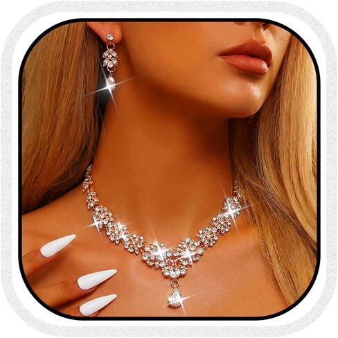 Cloace Rhinestone الزفاف المجوهرات مجموعة الفضة أقراط آلية برميلس قلادة مجوهرات للنساء in Kuwait