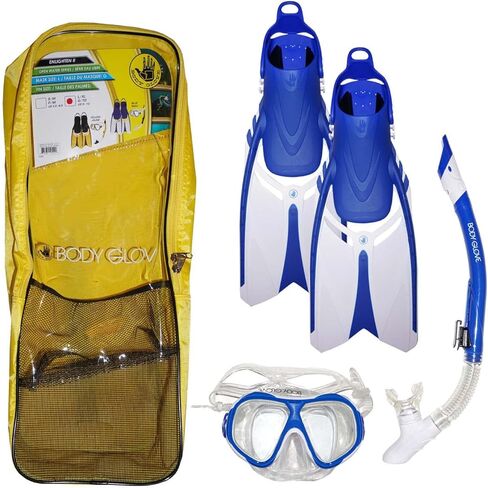 Body Glove Adults Snorkel Set with Travel Bag Tempered Glass Diving Mask Silicone Goggle, Swimming Fins, Free Breathing Anti-Leak Dry Top Flex Tube for Snorkeling Swimming Scuba Diving in Saudi Arabia