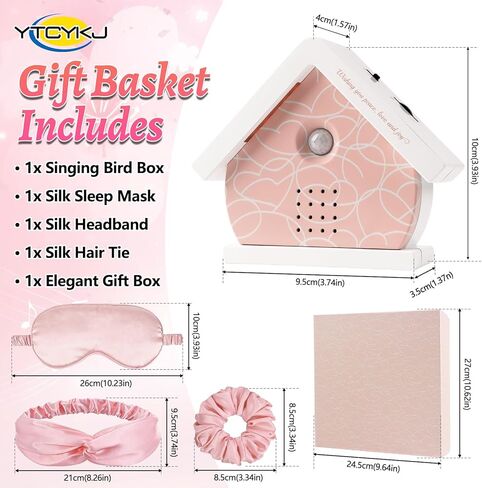 صندوق الطيور الغناء الأصلي، صندوق صوت طبيعي مع مستشعر للحركة - علاج صوتي طبيعي للنوم والاسترخاء | يتضمن قناع نوم حريري، وعصابة رأس وربطة شعر، وسلال هدايا للنساء in Kuwait