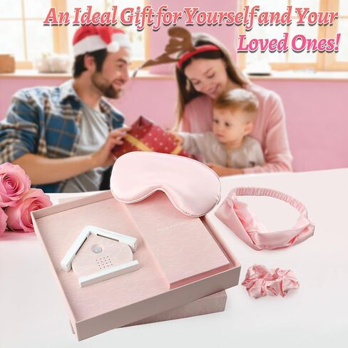 صندوق الطيور الغناء الأصلي، صندوق صوت طبيعي مع مستشعر للحركة - علاج صوتي طبيعي للنوم والاسترخاء | يتضمن قناع نوم حريري، وعصابة رأس وربطة شعر، وسلال هدايا للنساء in Kuwait