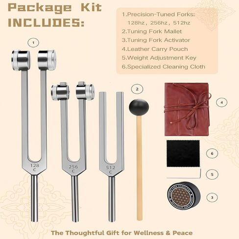 Sound Healing Tuning Fork Set, 128Hz 258Hz 512Hz Frequencies, Weighted and Unweighted with Activator for Meditation, Yoga, Chakra Balancing, Sound Therapy in Saudi Arabia
