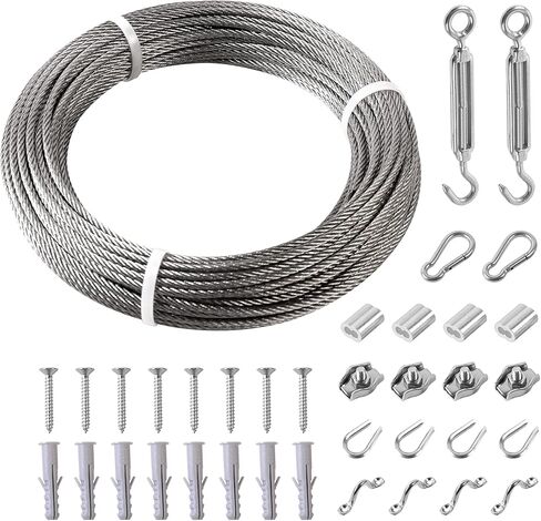 Helffer 98FT 1/8" Heavy Duty String Light Hanging Kit, Bare 304 Stainless Steel Cable Wire Rope Tensioner Kit for Commercial Outdoor Globe Lights, Sun Shade Sail Hardware, Trellis, Clothesline in Kuwait