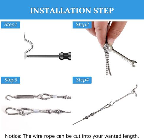 Helffer 98FT 1/8" Heavy Duty String Light Hanging Kit, Bare 304 Stainless Steel Cable Wire Rope Tensioner Kit for Commercial Outdoor Globe Lights, Sun Shade Sail Hardware, Trellis, Clothesline in Kuwait