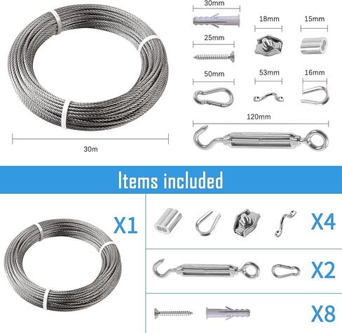 Helffer 98FT 1/8" Heavy Duty String Light Hanging Kit, Bare 304 Stainless Steel Cable Wire Rope Tensioner Kit for Commercial Outdoor Globe Lights, Sun Shade Sail Hardware, Trellis, Clothesline in Kuwait