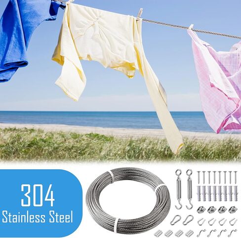 Helffer 98FT 1/8" Heavy Duty String Light Hanging Kit, Bare 304 Stainless Steel Cable Wire Rope Tensioner Kit for Commercial Outdoor Globe Lights, Sun Shade Sail Hardware, Trellis, Clothesline in Kuwait