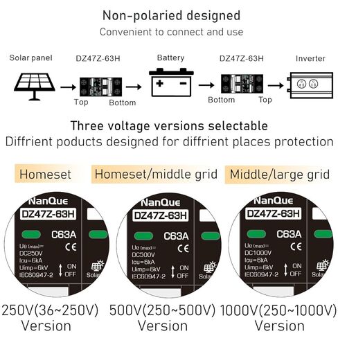 DC 36V to 250V Circuit Breaker 16/20/25/32/40/50/63A - 6kA PV Solar & Battery Protector, AC/DC Short-Circuit Overload Automatic Cut-Off, DIN Rail Mount, Fire-Safe Black Protector (32A) in Saudi Arabia