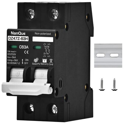 DC 36V to 250V Circuit Breaker 16/20/25/32/40/50/63A - 6kA PV Solar & Battery Protector, AC/DC Short-Circuit Overload Automatic Cut-Off, DIN Rail Mount, Fire-Safe Black Protector (32A) in Saudi Arabia