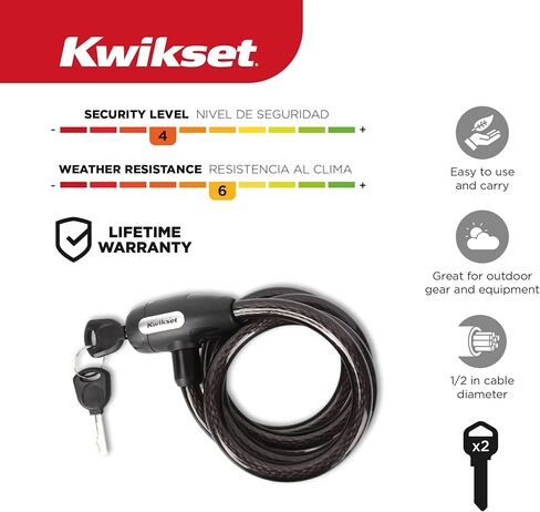 قفل كابل دراجة بمفتاح بطول 5 أقدام من Kwikset، قطر 1/2 بوصة، أمان للدراجة والخارجية، حزمة واحدة، فضي in Kuwait