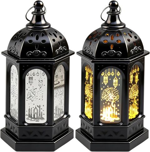 2pcs LED رمضان مصابيح الفوانيس الذهب تصميم القلعة القمر التصميم للهدايا العيد مبارك ، والزخارف المنزلية ، والجدول ، والجدار ، والقطاعات المركزية العيد in Kuwait