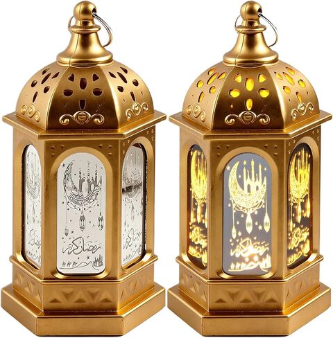 2pcs LED رمضان مصابيح الفوانيس الذهب تصميم القلعة القمر التصميم للهدايا العيد مبارك ، والزخارف المنزلية ، والجدول ، والجدار ، والقطاعات المركزية العيد in Kuwait