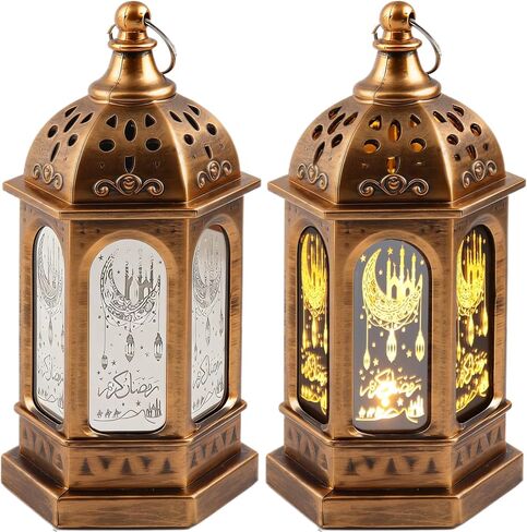 2pcs LED رمضان مصابيح الفوانيس الذهب تصميم القلعة القمر التصميم للهدايا العيد مبارك ، والزخارف المنزلية ، والجدول ، والجدار ، والقطاعات المركزية العيد in Kuwait