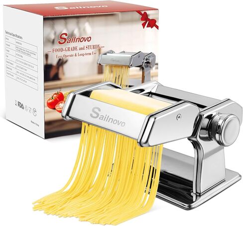 ماكينة صنع المعكرونة سيلنوفو، ماكينة صنع المعكرونة 180 دوارة، 9 إعدادات سمك قابلة للتعديل، ماكينة صنع المعكرونة 2 في 1 مع بكرات وقطاعة، مثالية للسباغيتي أو الفيتوتشيني أو اللازانيا أو الزلابية باللون الفضي in Kuwait
