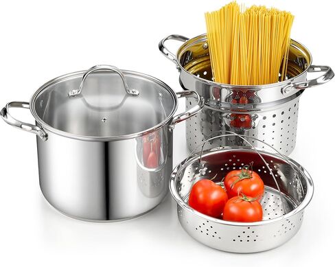 وعاء معكرونة قياسي من الفولاذ المقاوم للصدأ 18/10 سعة 12 كوارت، وعاء طهي السباغيتي بالبخار، أوعية متعددة مع مصفاة، غطاء من الفولاذ المقاوم للصدأ، مجموعة من 4 قطع in Kuwait