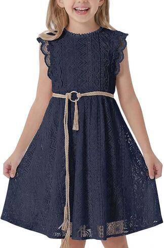 ALLOVIN Toddler Girl's Vintage Boho A-Line Lace Dress with Belt Kids Pom Pom Trim Birthday Party Dress in Kuwait