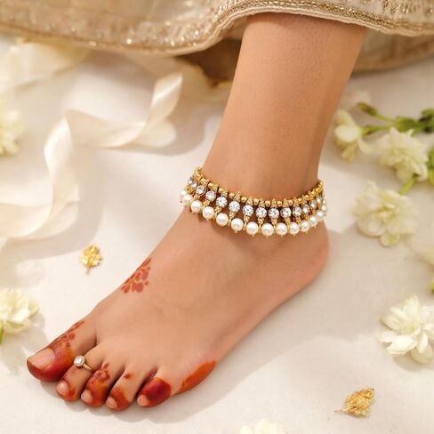 Efulgenz Indian Anklets: Crystal & Pearl, Gold Payal Anklets for Women in Saudi Arabia