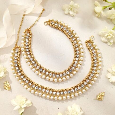 Efulgenz Indian Anklets: Crystal & Pearl, Gold Payal Anklets for Women in Saudi Arabia