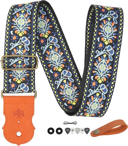 Guitar Strap - Double Layer Brushed Real Cowhide Ends,Safe Durable,2in,Soft Adjustable Guitar Straps for Acoustic&Electric Guitars,Bass,Ukulele,Guitarists Gift Set,Speed Orange Embroidery in Saudi Arabia