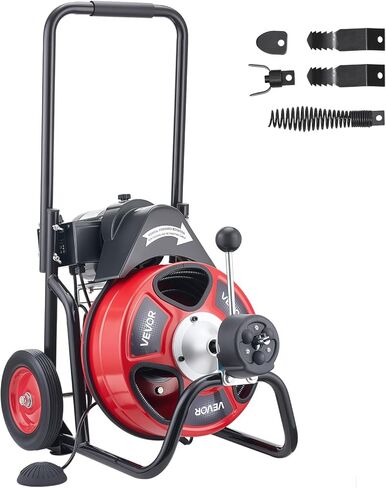 آلة تنظيف الصرف الصحي من VEVOR بطول 100 قدم × 1/2 بوصة، آلة تنظيف الصرف الصحي الأوتوماتيكية على العجلات، آلة تنظيف الصرف المحمولة مع 4 قواطع ومفتاح قدم يعمل بالهواء لأنابيب من 2 إلى 6 بوصات in Kuwait