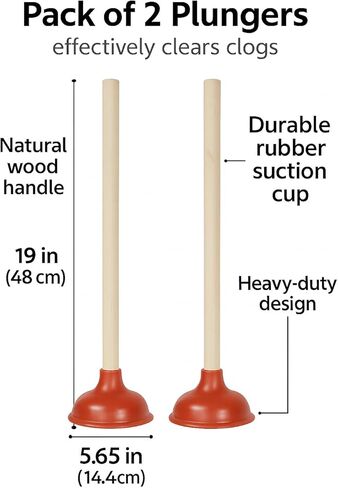Bexter 19-Inch Toilet Plunger, Pack of 2 – Wooden Handle & Heavy-Duty Rubber Cup for Toilets, Sinks & Drains – Auburn in Kuwait