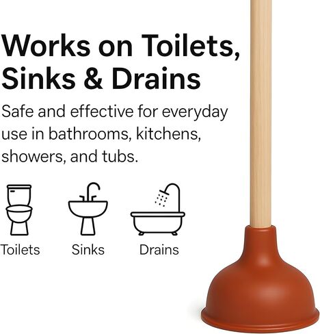 Bexter 19-Inch Toilet Plunger, Pack of 2 – Wooden Handle & Heavy-Duty Rubber Cup for Toilets, Sinks & Drains – Auburn in Kuwait