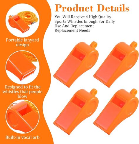 4 Pcs Super Loud Sport Whistle with Lanyard, Orange Coach Whistles High-Pitched Emergency Whistle Loud 120dB Plastic Whistles for Boating, Swimming, Kayaking, Water Survival, Hiking, Camping in Saudi Arabia