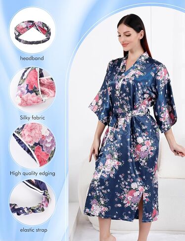 MORFORU Women Silky Long Bath Robes Bride Bridesmaid Satin Floral Kimono Bridal Party Peony-printed Sleepwear Lounge Wear in Kuwait