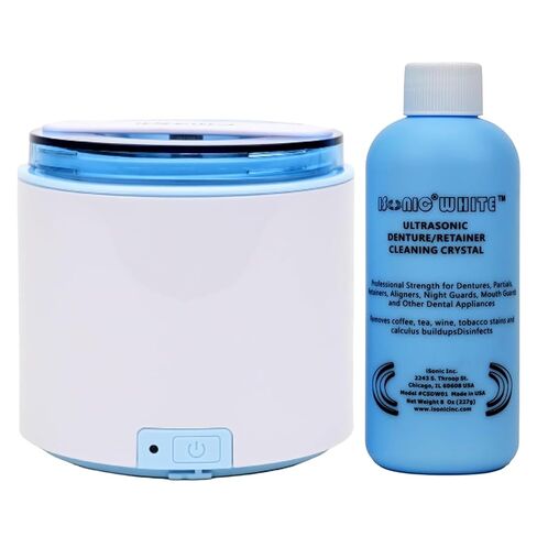 منظف ​​iSonic المحمول بالموجات فوق الصوتية + مجموعة مزيج مسحوق التنظيف الكريستالي لأطقم الأسنان والمصففات والمثبتات - نظام تنظيف عميق للبقع والروائح وإزالة التراكمات in Kuwait