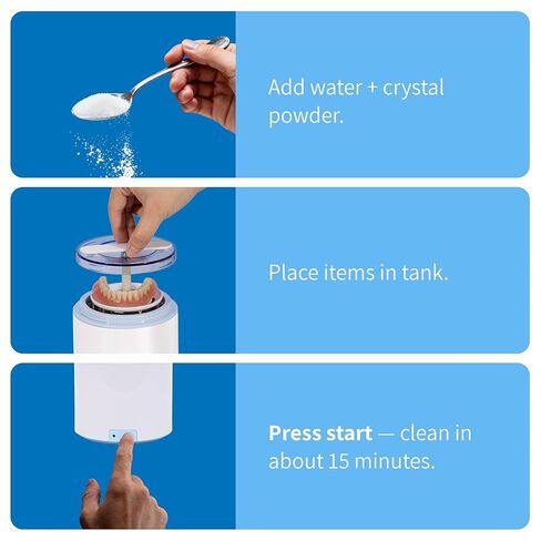 منظف ​​iSonic المحمول بالموجات فوق الصوتية + مجموعة مزيج مسحوق التنظيف الكريستالي لأطقم الأسنان والمصففات والمثبتات - نظام تنظيف عميق للبقع والروائح وإزالة التراكمات in Kuwait