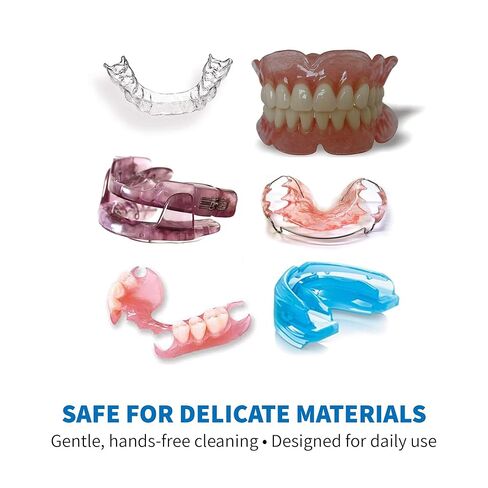 منظف ​​iSonic المحمول بالموجات فوق الصوتية + مجموعة مزيج مسحوق التنظيف الكريستالي لأطقم الأسنان والمصففات والمثبتات - نظام تنظيف عميق للبقع والروائح وإزالة التراكمات in Kuwait