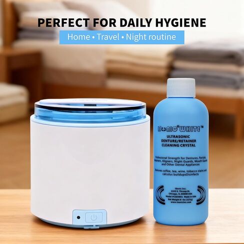 منظف ​​iSonic المحمول بالموجات فوق الصوتية + مجموعة مزيج مسحوق التنظيف الكريستالي لأطقم الأسنان والمصففات والمثبتات - نظام تنظيف عميق للبقع والروائح وإزالة التراكمات in Kuwait