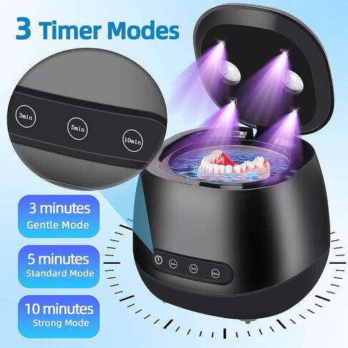 منظف ​​بالموجات فوق الصوتية، آلة تنظيف المثبات بالموجات فوق الصوتية 45 كيلو هرتز مع ثلاثة أوضاع، فرشاة أسنان، مجوهرات، خواتم وأكثر، أسود in Kuwait