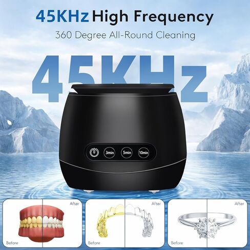 منظف ​​بالموجات فوق الصوتية، آلة تنظيف المثبات بالموجات فوق الصوتية 45 كيلو هرتز مع ثلاثة أوضاع، فرشاة أسنان، مجوهرات، خواتم وأكثر، أسود in Kuwait