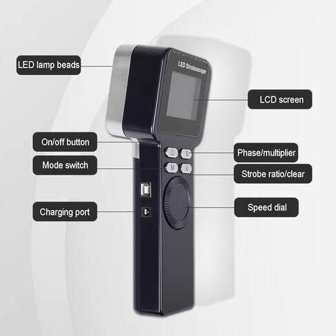 LED Digital Strobe Light Tachometer, Handheld Stroboscope with LCD Display, Adjustable Strobe Frequency, 9 Lamp Beads & Range 200-999999RPM, for Gears, Tires to Measure in Kuwait