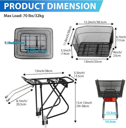 حامل الدراجة الخلفي YEEGO DIRECT مع سلة، سلة دراجة خلفية قابلة للفصل وقابلة للتعديل، رف شحن الدراجة مع غطاء مقاوم للماء 26 لتر وشبكة شحن ودراجات مقاس 24 بوصة - 27.5 بوصة و700 سي in Kuwait