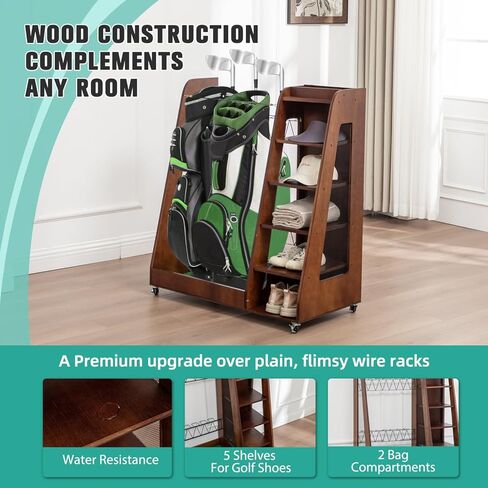 Golf Bag Organizer for Garage, Wooden Golf Clubs Storage Rack Fit 2 Golf Bags, Golf Trunk Organizer for Car Garage Club Shed Basement, Brown in Saudi Arabia
