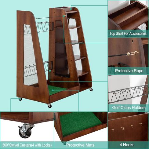 Golf Bag Organizer for Garage, Wooden Golf Clubs Storage Rack Fit 2 Golf Bags, Golf Trunk Organizer for Car Garage Club Shed Basement, Brown in Saudi Arabia