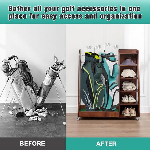 Golf Bag Organizer for Garage, Wooden Golf Clubs Storage Rack Fit 2 Golf Bags, Golf Trunk Organizer for Car Garage Club Shed Basement, Brown in Saudi Arabia