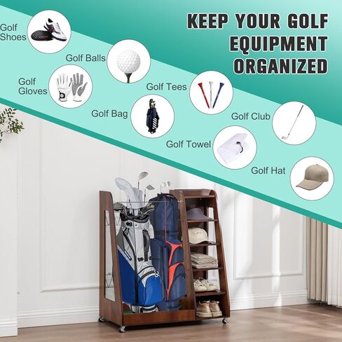 Golf Bag Organizer for Garage, Wooden Golf Clubs Storage Rack Fit 2 Golf Bags, Golf Trunk Organizer for Car Garage Club Shed Basement, Brown in Saudi Arabia