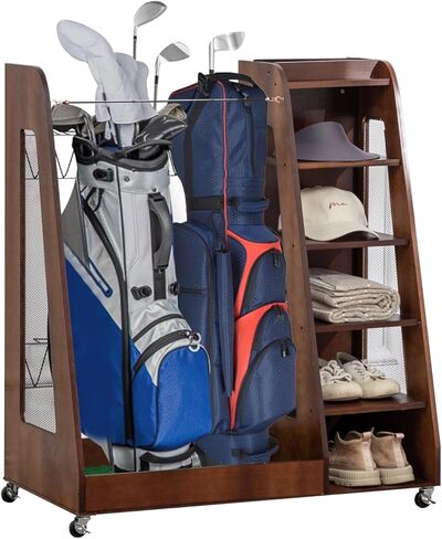 Golf Bag Organizer for Garage, Wooden Golf Clubs Storage Rack Fit 2 Golf Bags, Golf Trunk Organizer for Car Garage Club Shed Basement, Brown in Saudi Arabia