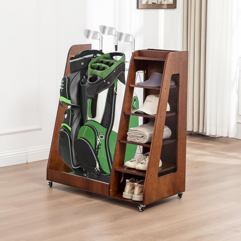 Golf Bag Organizer for Garage, Wooden Golf Clubs Storage Rack Fit 2 Golf Bags, Golf Trunk Organizer for Car Garage Club Shed Basement, Brown in Saudi Arabia