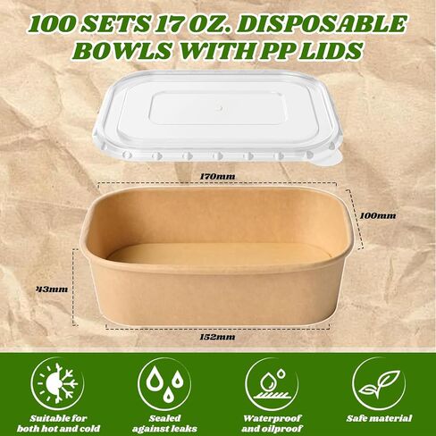 100pcs 17oz ، قم بإخراج حاويات الطعام من الأوعية الورقية كرافت التي يمكن التخلص منها مع أغطية مستطيل حاويات حاويات سلطة السلطة للمطعم المنزلي للتخييم الساخن in Kuwait