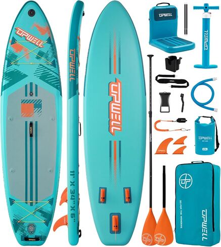 لوح مجداف واقف مقاس 11 × 34 بوصة من UPWELL، لوح SUP للبالغين والمراهقين، لوح SUP قابل للنفخ مع ملحقات ممتازة، حقيبة ظهر سعة 120 لتر، مجداف، مقود، مضخة يدوية، زعانف in Kuwait