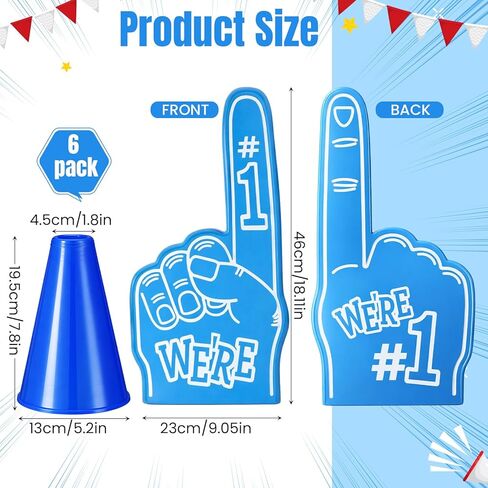 12 قطعة من الأصابع الإسفنجية العملاقة 18 بوصة ومكبر صوت بلاستيكي أزرق مقاس 8 بوصة، نحن رقم 1 في يد التشجيع الإسفنجية لجميع أنواع الأحداث الرياضية والألعاب والأنشطة الخارجية والمدارس والملاعب in Kuwait