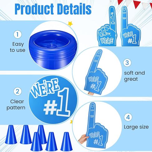 12 قطعة من الأصابع الإسفنجية العملاقة 18 بوصة ومكبر صوت بلاستيكي أزرق مقاس 8 بوصة، نحن رقم 1 في يد التشجيع الإسفنجية لجميع أنواع الأحداث الرياضية والألعاب والأنشطة الخارجية والمدارس والملاعب in Kuwait