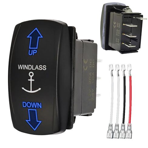 مفتاح هزاز مرساة 12 فولت - 24 فولت تيار مستمر، سهم لأعلى لأسفل قطبية عكسية SPDT 4 دبوس 3 مواضع (تشغيل)-إيقاف-(تشغيل) مفتاح تبديل لحظي للقارب، والونش، ومقبس RV، وعكس المحرك (مع لوحة، أزرق) in Kuwait