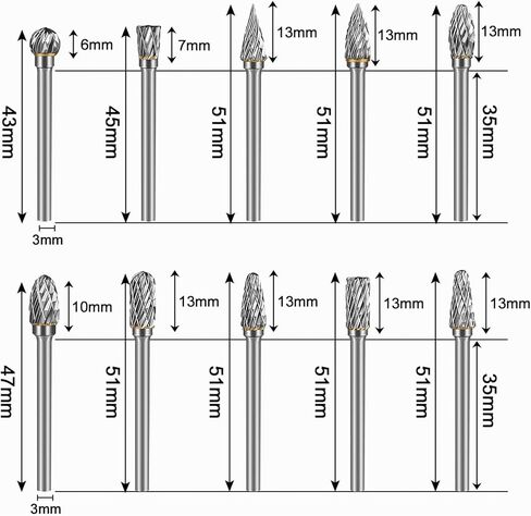 Carbide Burr Set Die Grinder Bits Rotary Tool Bits 1/8" Shank 10 PC Double Cut Wood Carving Accessories Cutting Burrs Metal Grinding Engraving Polishing Porting Trimming in Saudi Arabia