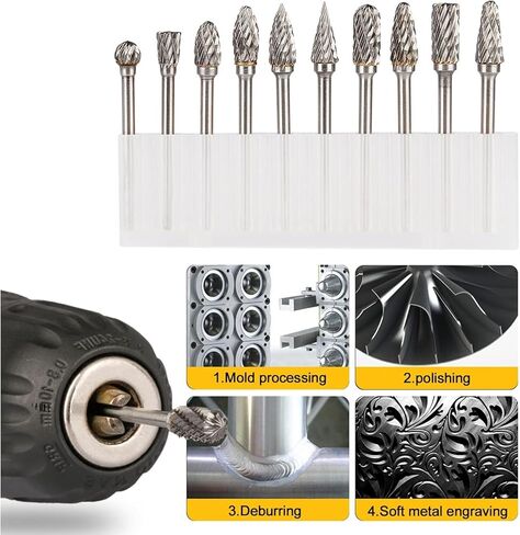 Carbide Burr Set Die Grinder Bits Rotary Tool Bits 1/8" Shank 10 PC Double Cut Wood Carving Accessories Cutting Burrs Metal Grinding Engraving Polishing Porting Trimming in Saudi Arabia